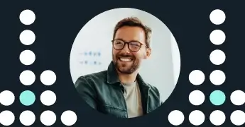 A person framed in an abstract background