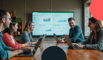 Team meeting discussing analytics on screen