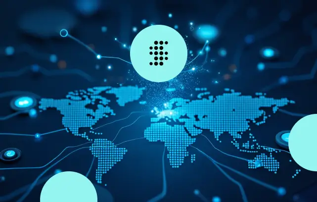 Digital world map on a dark blue background with glowing network nodes and abstract technology patterns, conveying a futuristic, interconnected theme.