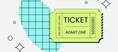 A lime green ticket labeled "TICKET ADMIT ONE 08012025" floats over a light blue checked oval. Black starburst shapes and circles accent the modern design.